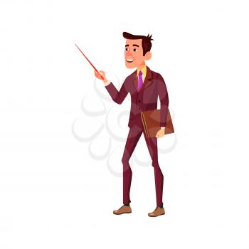 young man math teacher pointing at blackboard with stick and showing theorem cartoon vector. young man math teacher pointing at blackboard with stick and showing theorem character. isolated flat cartoon illustration