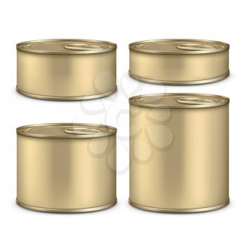 Blank Metallic Tin Can For Canned Food Set Vector. Preserved Nutrition Fish And Meat, Vegetable And Fruit In Steel Tin Can. Containers For Canning Nourishment Mockup Realistic 3d Illustrations