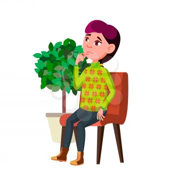 Girl Teen Sitting In Hospital Waiting Room Vector. Girl Teen In Clinic Thinking About Health And Medicine Treatment. Character Teenager Sit On Chair Near Decorative Tree Flat Cartoon Illustration