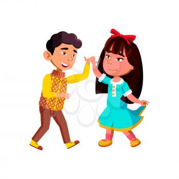 Boy And Girl Kids Couple Dancing Together Vector. Happiness Asian Schoolboy And Schoolgirl Dancing Expressive Dance In Studio. Characters Funny Active Time Flat Cartoon Illustration