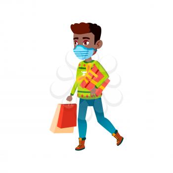 School Boy Wearing Facial Mask In Mall Vector. African Schoolboy Wear Protective Medicine Facial Mask And Shopping In Store. Character Teenager With Bags And Gift Box Flat Cartoon Illustration