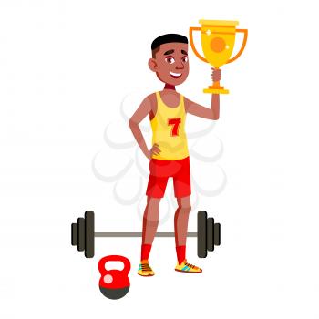 Boy Teenager Athlete Celebrate Victory Vector. African Teen Guy Holding Golden Cup Award Won In Athletic Powerlifting Sport. Character With Strong Muscle Power Flat Cartoon Illustration