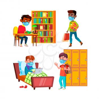 School Boys Wearing Medical Facial Mask Set Vector. Schoolboys Wear Medicine Facial Mask In College And Library, In Shop And Home. Characters In Health Protection Accessory Flat Cartoon Illustrations