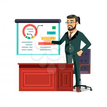 business man reporting in front of investments about company achievement cartoon vector. business man reporting in front of investments about company achievement character. isolated flat cartoon illustration