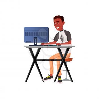 young boy programming software on computer cartoon vector. young boy programming software on computer character. isolated flat cartoon illustration
