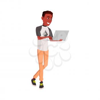 happy african boy checking message on notebook device cartoon vector. happy african boy checking message on notebook device character. isolated flat cartoon illustration