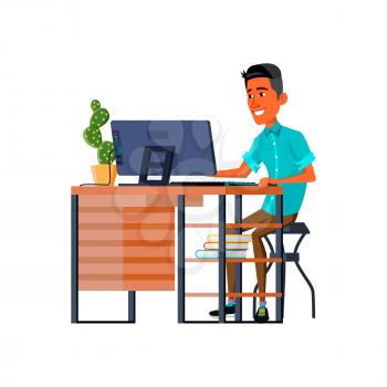 smiling hispanic young man reading love message from girlfriend on computer cartoon vector. smiling hispanic young man reading love message from girlfriend on computer character. isolated flat cartoon illustration