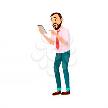 shocked caucasian man chef reading sms message on smartphone cartoon vector. shocked caucasian man chef reading sms message on smartphone character. isolated flat cartoon illustration