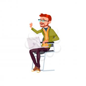 man geek sitting on chair and laughing from funny image on laptop cartoon vector. man geek sitting on chair and laughing from funny image on laptop character. isolated flat cartoon illustration
