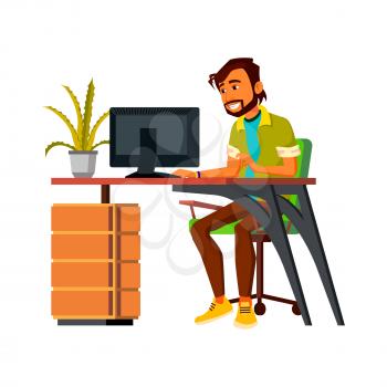 cheerful man browsing on computer cartoon vector. cheerful man browsing on computer character. isolated flat cartoon illustration