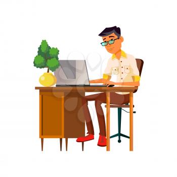 asian guy freelancer coding on computer cartoon vector. asian guy freelancer coding on computer character. isolated flat cartoon illustration