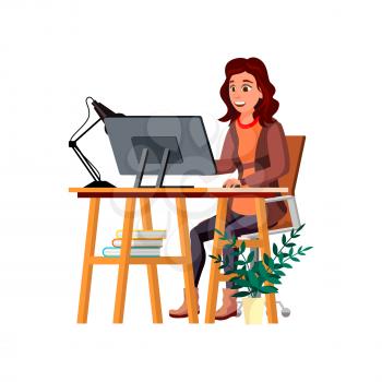 attractive young woman searching information in internet on computer cartoon vector. attractive young woman searching information in internet on computer character. isolated flat cartoon illustration