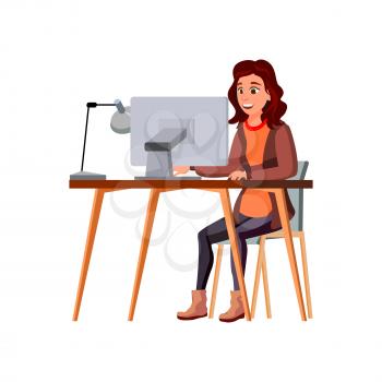caucasian lady making learning schedule on computer cartoon vector. caucasian lady making learning schedule on computer character. isolated flat cartoon illustration