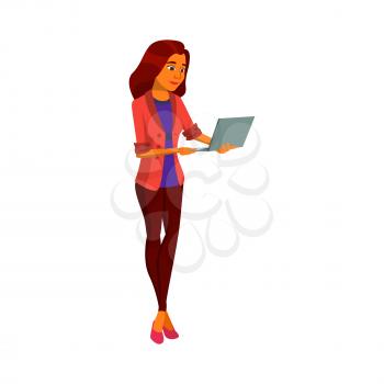 stylish young woman checking message on portable laptop cartoon vector. stylish young woman checking message on portable laptop character. isolated flat cartoon illustration