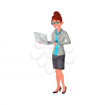beautiful woman holding laptop and reading report cartoon vector. beautiful woman holding laptop and reading report character. isolated flat cartoon illustration