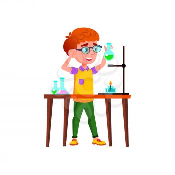 Schoolboy Scientist Making Lab Experiment Vector. Happy Caucasian School Boy Make Laboratory Experiment, Development And Discovery. Young Character Chemical Test Flat Cartoon Illustration