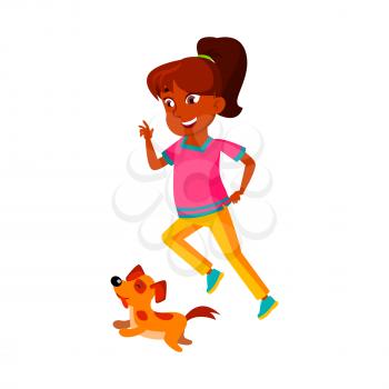 Schoolgirl Running With Dog Animal Outdoor Vector. Happy Hispanic School Girl Running With Pet Puppy In Park. Character Infant With Positive Emotion Sport Time Flat Cartoon Illustration