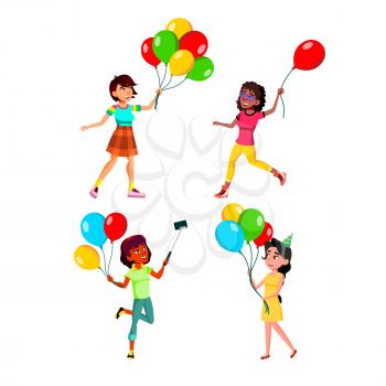 Teens Girls Walking With Air Balloons Set Vector. Teenagers Ladies Walk With Multicolored Balloons In Park And Birthday Party, Make Selfie And Running Outdoor. Characters Flat Cartoon Illustrations