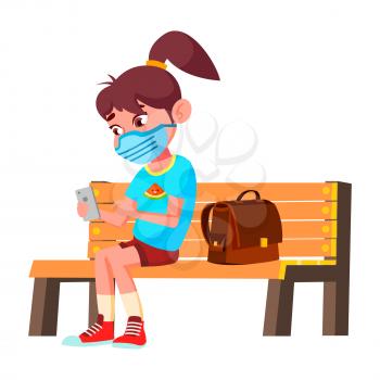 Schoolgirl Wearing Facial Mask In Park Vector. School Girl In Protective Medicine Mask Sitting On Bench And Using Smartphone Device. Character Enjoying Outside Flat Cartoon Illustration