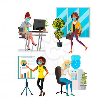 business woman wearing mask. people office worker wearing safety mask. pandemic girl. healthy indoor care. vector character flat cartoon Illustration