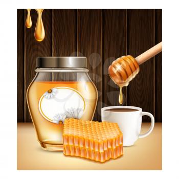 Honey bee food product banner. Glass jar with bee honey. Creative hive. Modern apiary. 3d realistic vector