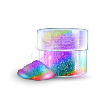 Holographic Sparkles Container For Makeup Vector. Shiny Holographic Multicolored Glitter Blank Packaging. Fashionable Accessory For Decorating Face Template Realistic 3d Illustration