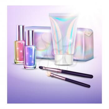 holographic cosmetics poster bag. beauty skincare holographic glitter. unicorn gloss product. 3d realistic vector