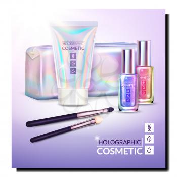 holographic cosmetics poster bag. beauty skincare holographic glitter. unicorn gloss product. 3d realistic vector