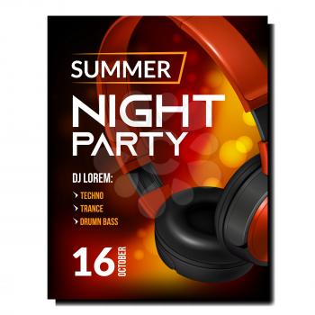 Night club disco poster vector. Abstract modern techno music. Trance night summer glow. Bright pamphlet. 3d realistic illustration
