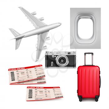Travel airline vacation vector set. Airplane, suitcase, ticket, photo camera. World trip element. Journey design. booking adventure. 3d realistic illustration