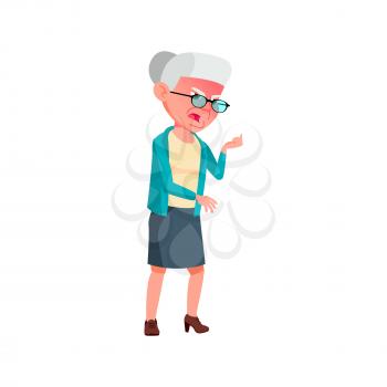 angry pension woman growling at store manager cartoon vector. angry pension woman growling at store manager character. isolated flat cartoon illustration