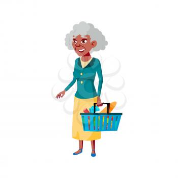 mature age woman holding basket with food products in supermarket cartoon vector. mature age woman holding basket with food products in supermarket character. isolated flat cartoon illustration