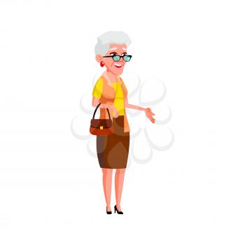 happy mature age lady talking with friends on urban street cartoon vector. happy mature age lady talking with friends on urban street character. isolated flat cartoon illustration