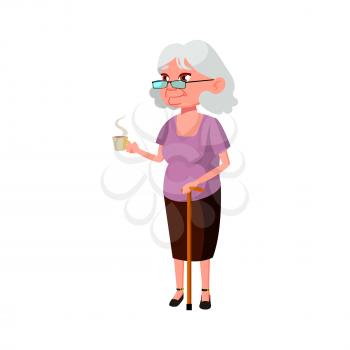 elderly lady with stick drinking coffee outside cartoon vector. elderly lady with stick drinking coffee outside character. isolated flat cartoon illustration