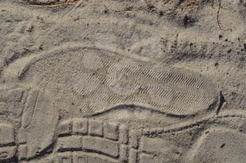 Footprints of shoes on forest sand close-up