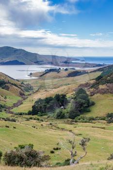 View down to the sea from the Otago Peninsula in New Zealand