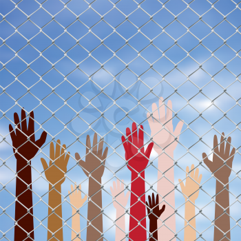Diversity hand silhouettes behind metal wire fence against blurry sky background.