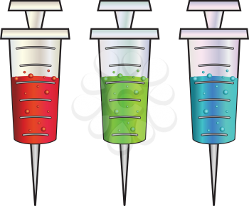 Set of cartoon syringes with red, green and blue liquid inside.