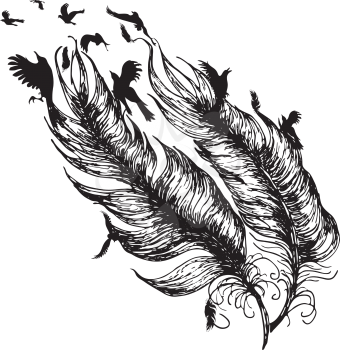 Flying birds and feather silhouette, tattoo design in black and white.
