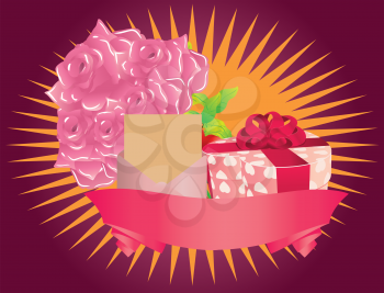 Illustration of gift box, pink roses, letter and ribbon on colorful background.