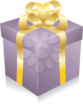 One violet gift box with gold ribbon and bow isolated.