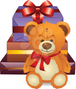 Cute happy teddy bear toy with gift box illustration.