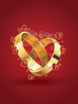 Two wedding rings in heart shape and red hearts background.