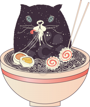 Cute halloween black cat sitting in the bowl eating ramen, noodles soup.