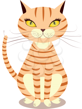 Cartoon striped red cat with yellow eyes on a white background.