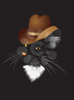 Black cat with yellow eyes in cowboy hat.