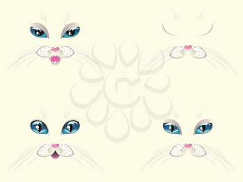 Cute cartoon white cat face with stylized blue eyes.