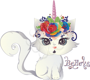 Cute blue eyed white kitten with horn decorated with roses and floral.