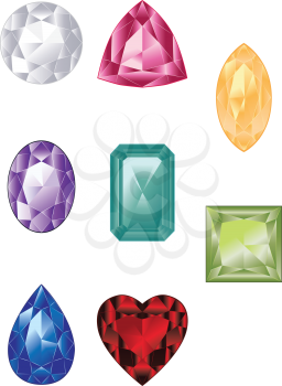 Precious different colors and shapes gemstones, crystals, diamonds collection.