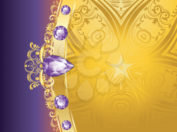 Floral decorated violet background with purple amethyst gemstone.